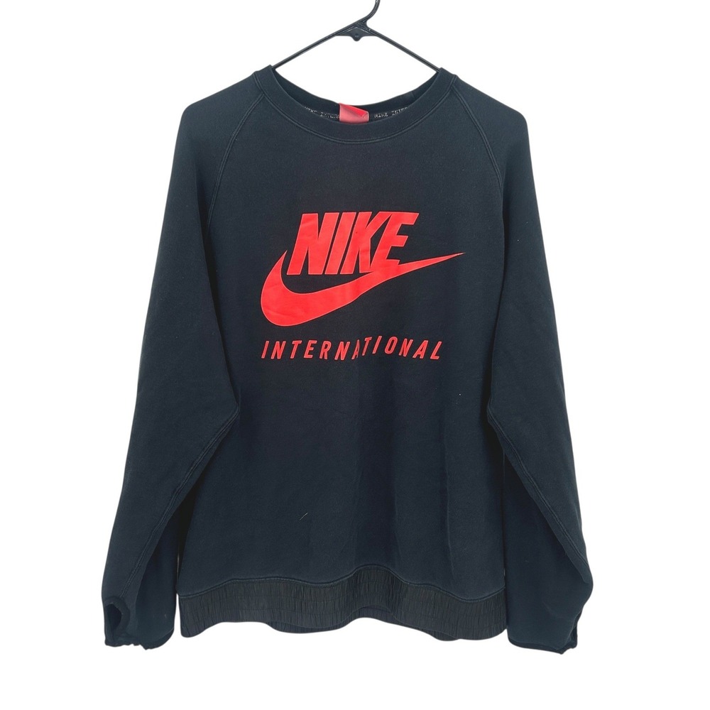 Nike International Crewneck Sweatshirt Mens XL Black Red Swoosh Logo‎ Streetwear